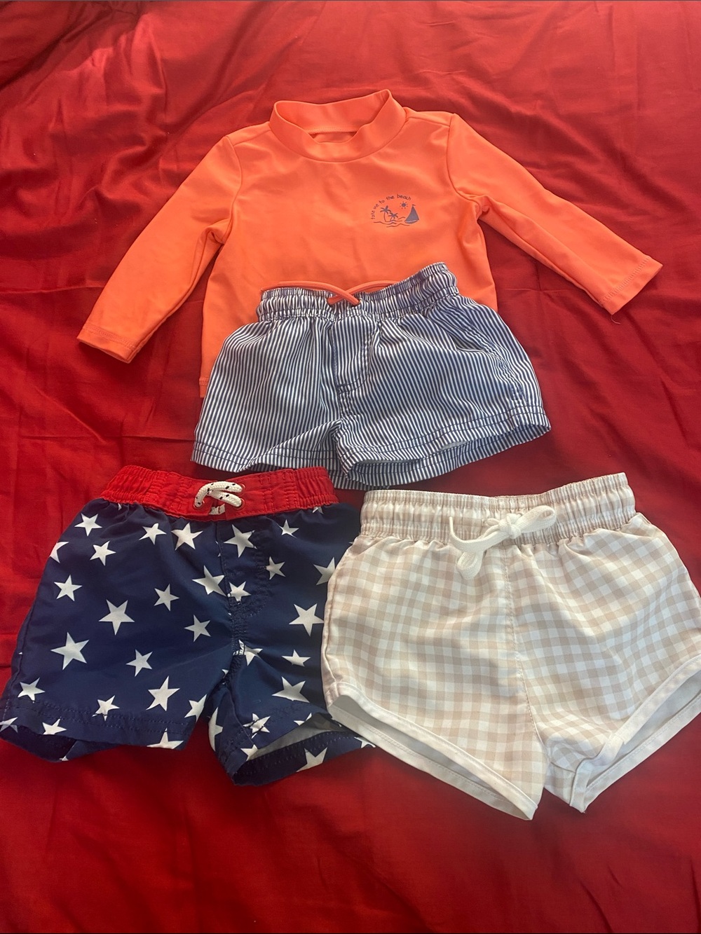 Orange Rash Guard Top with 3 Summer Swim Trunks - S 6 Months